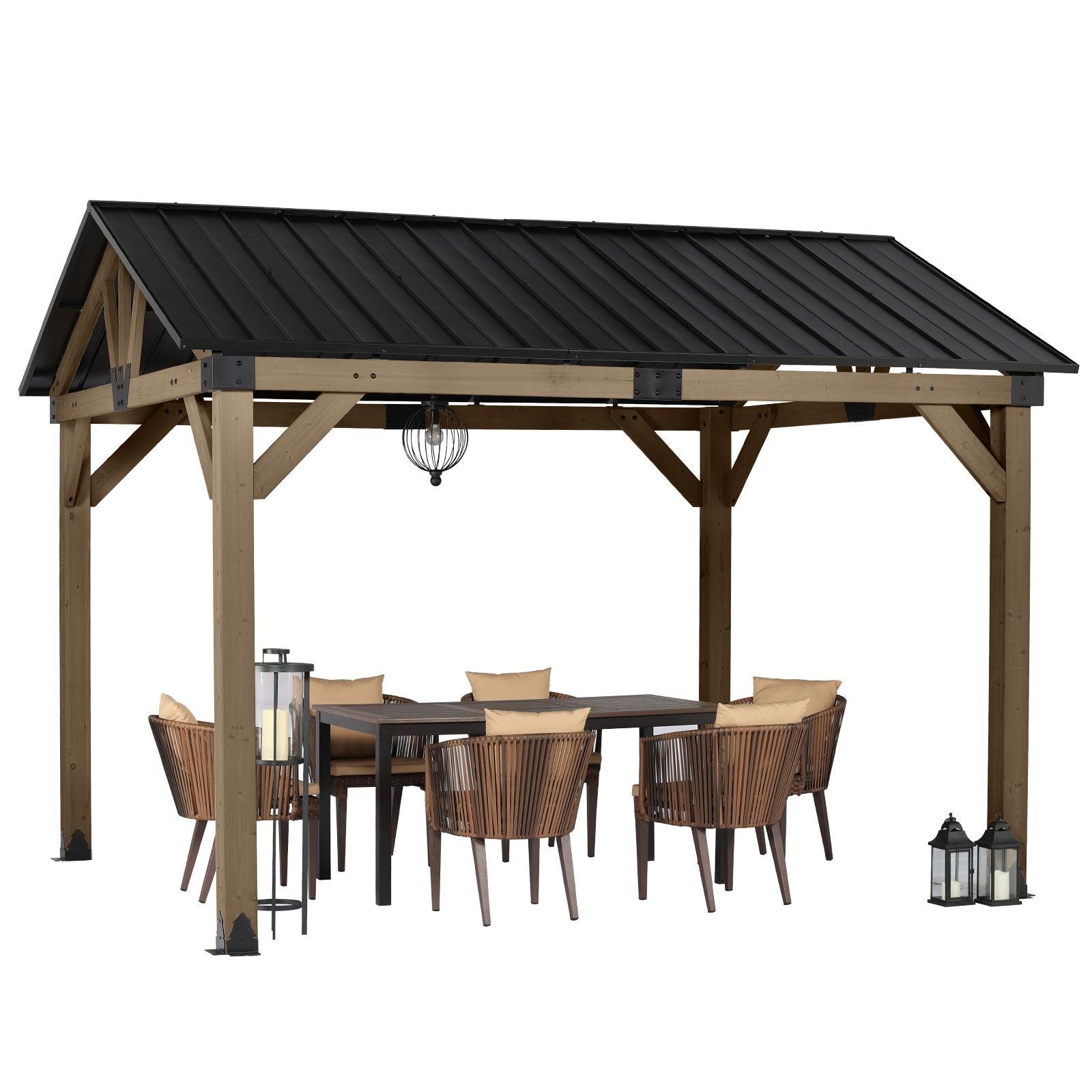 10'x12'/12'x14' Cedar Wood Hardtop Gazebo with Galvanized Steel Roof - Aoodor